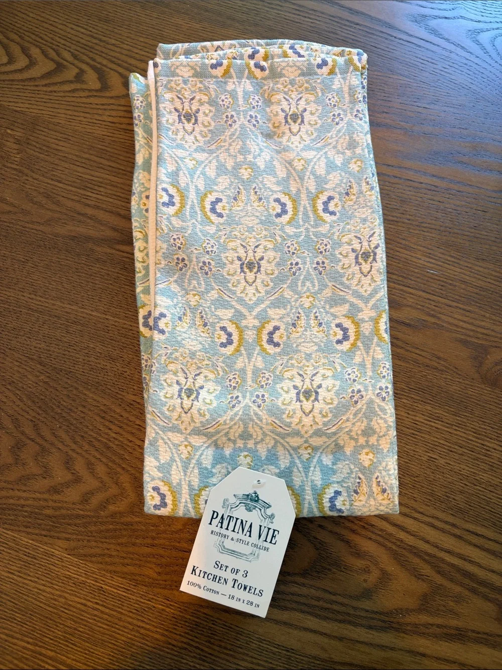 Patina Vie Set of 3 Kitchen Towels - 2 Blue & Cream Pattern, 1 Solid White